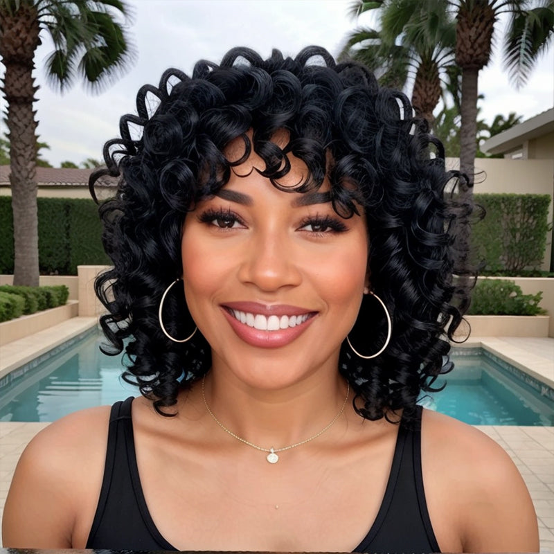 LinktoHair Natural Black Glueless Wig With Bangs 100 Human Hair Wigs