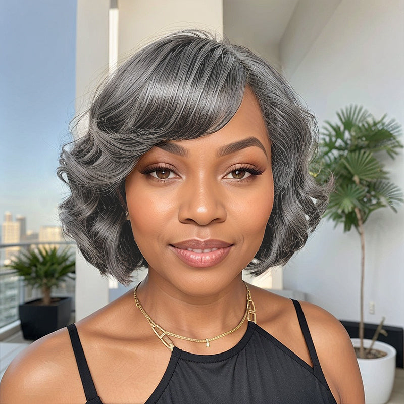 Glueless Salt And Pepper Loose Wave Bob Wig With Bangs For Black Women