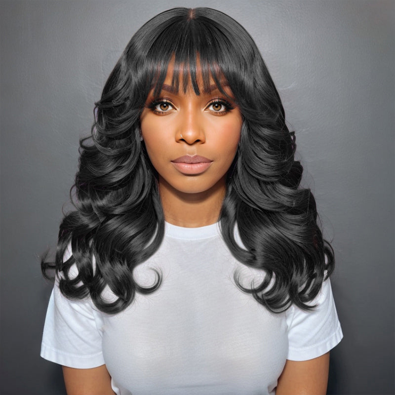 Load image into Gallery viewer, Linktohair Light Layers Natural Black Body Wave Long Hair with Bangs 100% Human Hair Wigs
