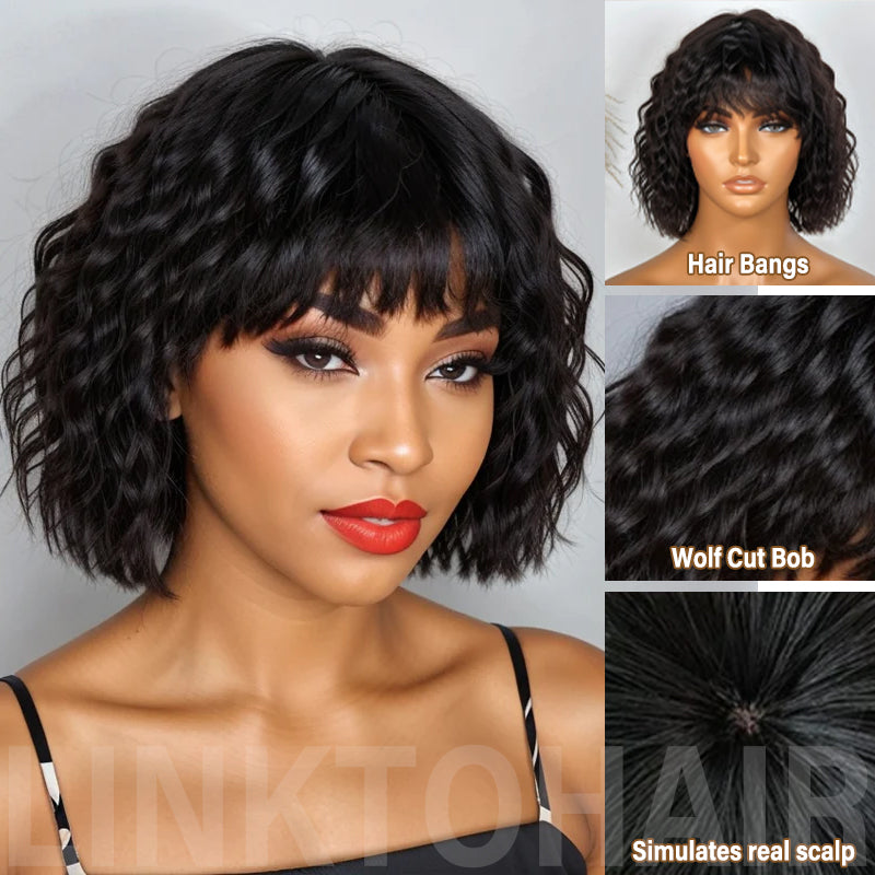 LinktoHair Glueless Wolf Cut Short Wavy Bob Wig With Bang 100% Human Hair