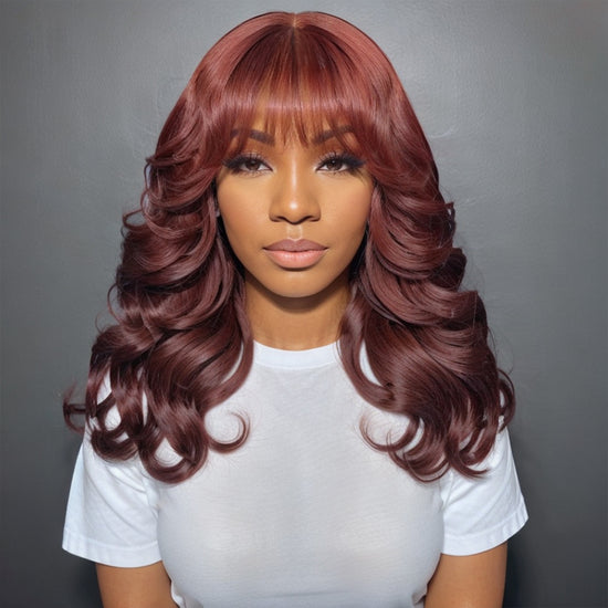 Load image into Gallery viewer, Linktohair Copper Colored Body Wave Long Hair Light Layers with Bangs 100% Human Hair Wigs
