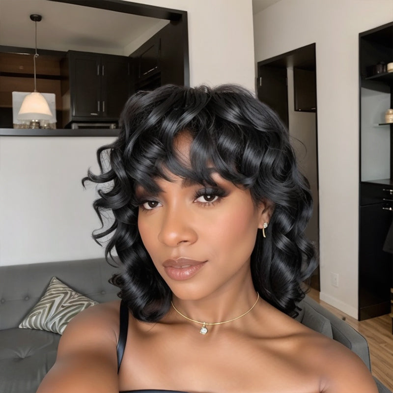 Trendy Limited Design  LinktoHair Natural Black Glueless Mullet Wig With Bangs Human Hair Wigs