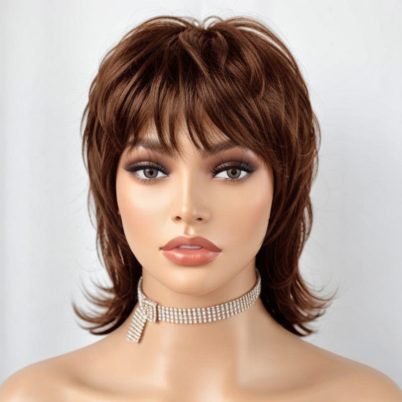 LinktoHair Short Brown Hair Shaggy Layered 80s Mullet Wig Pixie Cut Wig With Bangs Curly 100% Human Hair