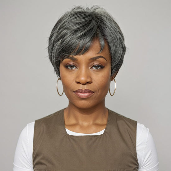 Load image into Gallery viewer, Salt &amp;amp; Pepper Short Straight Pixie Cut with Bangs 100% Human Hair Wig
