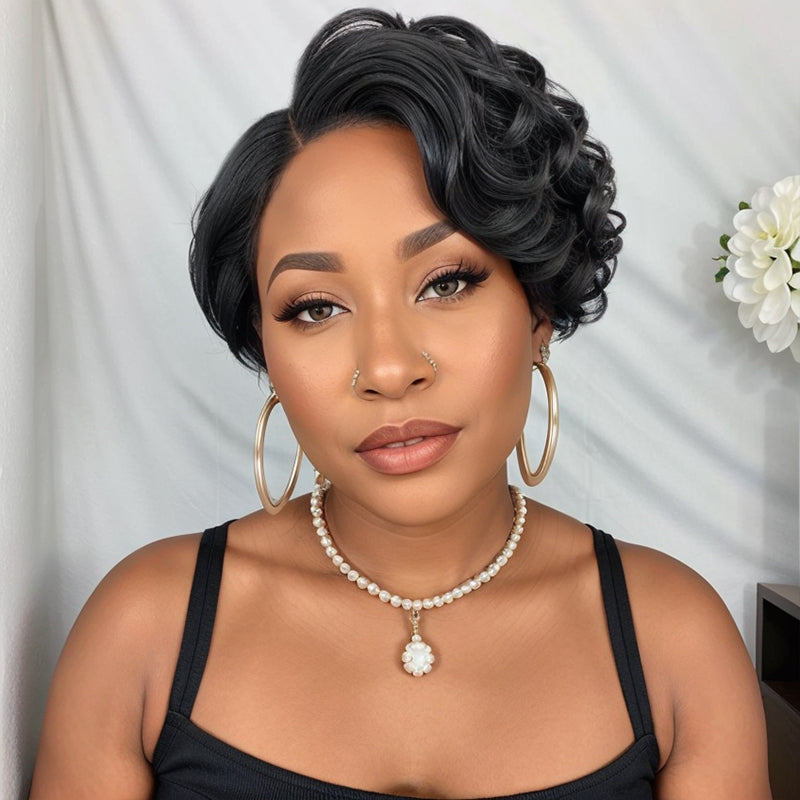 Salt And Pepper Short Pixie Cut Glueless 5x5 Closure Lace Side Part Bob Wavy Human Hair Wigs