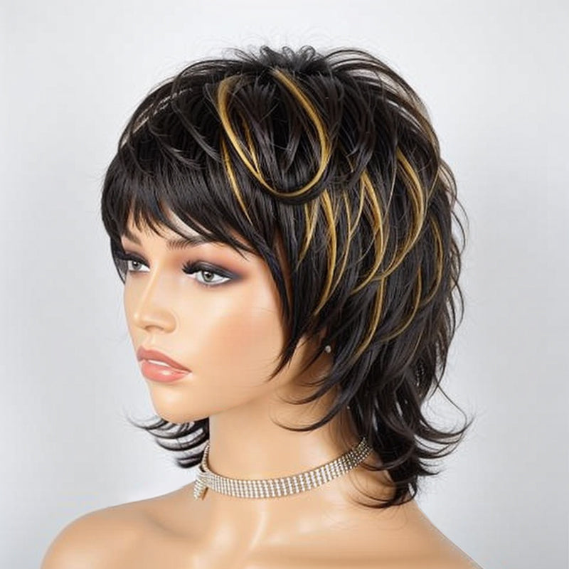 Load image into Gallery viewer, LinktoHair Short #1B 613 Blonde Hair Shaggy Layered 80s Mullet Wig Pixie Cut Wig With Bangs Curly 100% Human Hair
