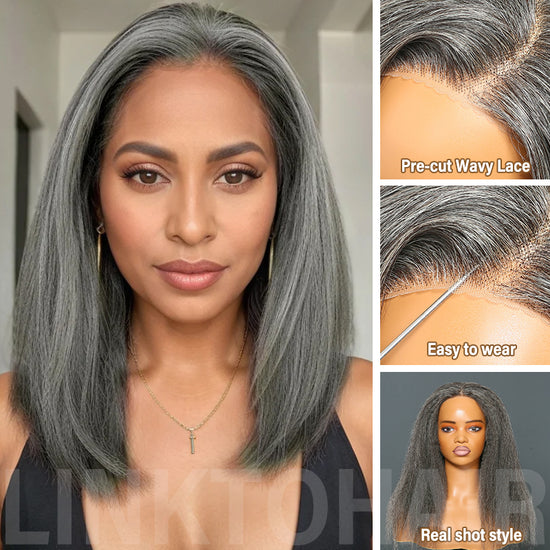 Trendy Design & Color | Salt And Pepper Kinky Straight 5x5 Closure Wig 100% Human Hair