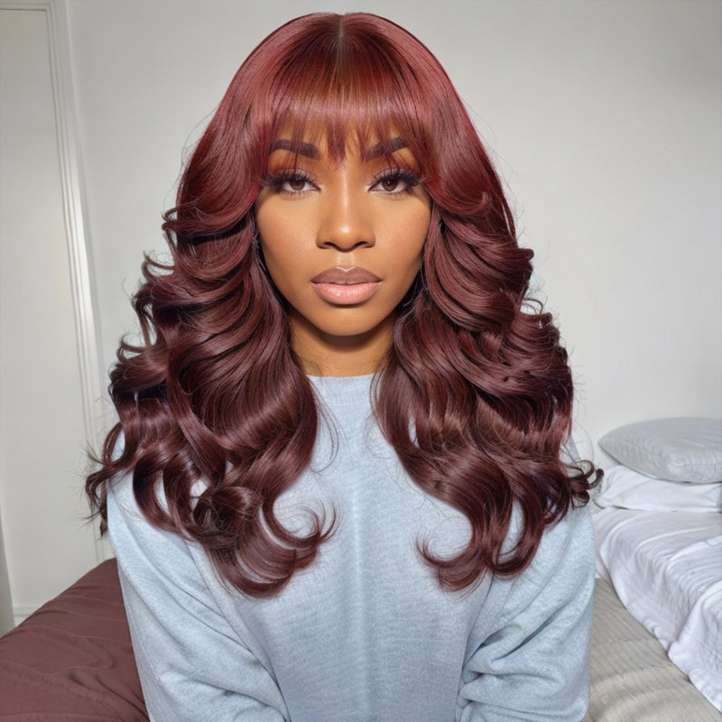 Linktohair Copper Colored Body Wave Long Hair Light Layers with Bangs 100% Human Hair Wigs