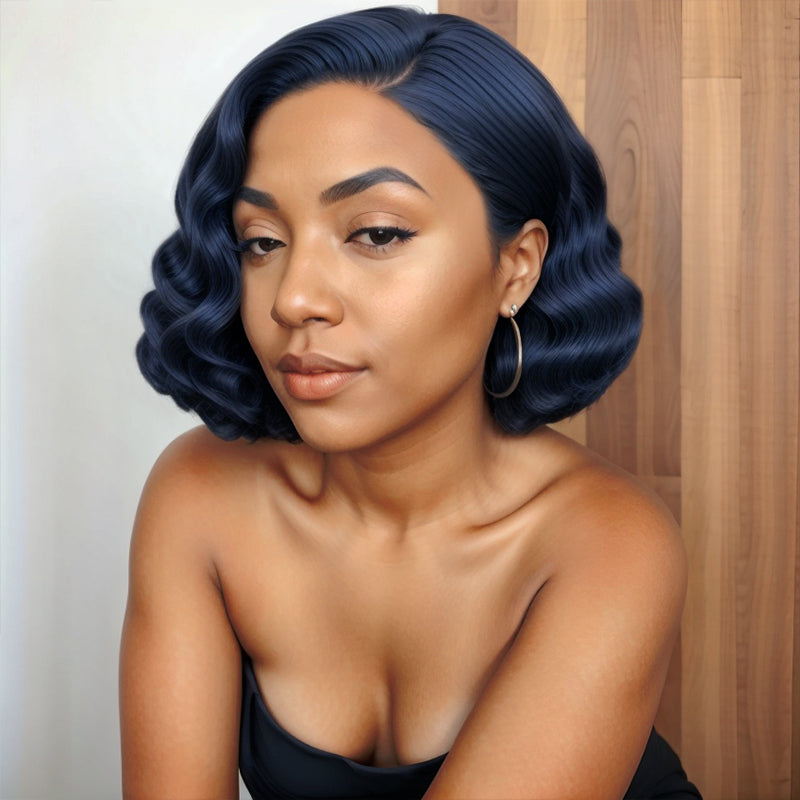 Romantic Blue Color 13x4 Lace Frontal Wig Bouncy Loose Wave 100% Human Hair