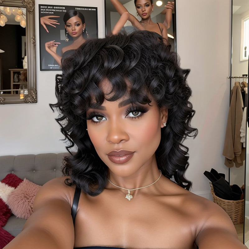 Trendy Limited Design  LinktoHair Natural Black Glueless Mullet Wig With Bangs Human Hair Wigs