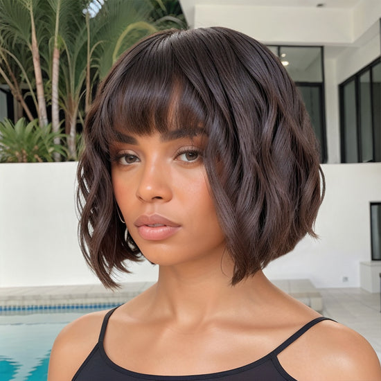 Ombre Chestnut Brown Colored Short Wavy Bob Wig with Bangs 100% Human Hair Wigs