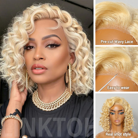 Short Wavy Human Hair Wigs #613 Blonde Lace Front Bob Wigs