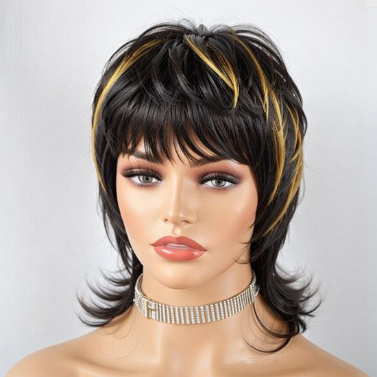 LinktoHair Short #1B 613 Blonde Hair Shaggy Layered 80s Mullet Wig Pixie Cut Wig With Bangs Curly 100% Human Hair