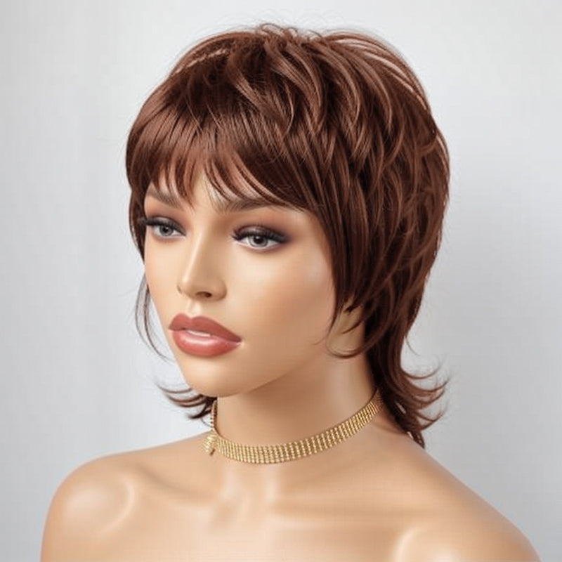 LinktoHair Short Brown Hair Shaggy Layered 80s Mullet Wig Pixie Cut Wig With Bangs Curly 100% Human Hair