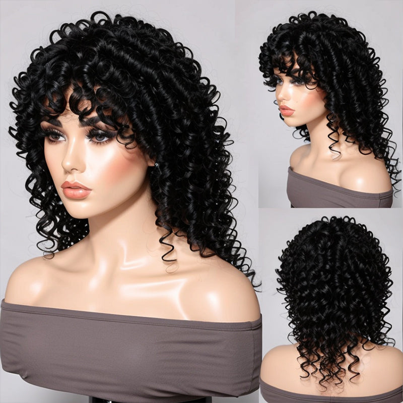 Trendy Design Style | Linktohair Short Black Curly Bob Wig With Bangs Wolf Cut Human Hair
