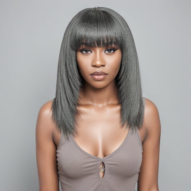 Trendy Design & Color | Salt & Pepper Kinky Straight Glueless Wig Layered Cut With Bangs 100% Human Hair Wigs