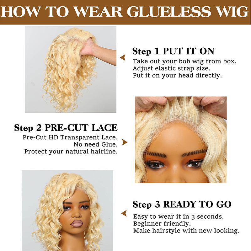 Short Wavy Human Hair Wigs #613 Blonde Lace Front Bob Wigs
