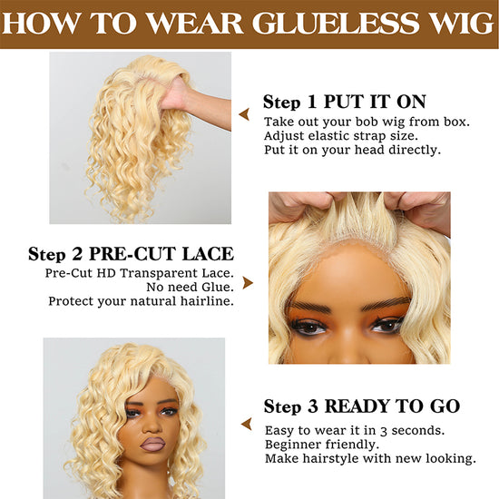 Short Wavy Human Hair Wigs #613 Blonde Lace Front Bob Wigs