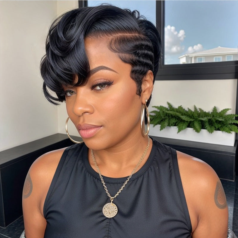 13x4 Frontal Lace Shot Bob Wig Side Part Pixie Cut Human Hair