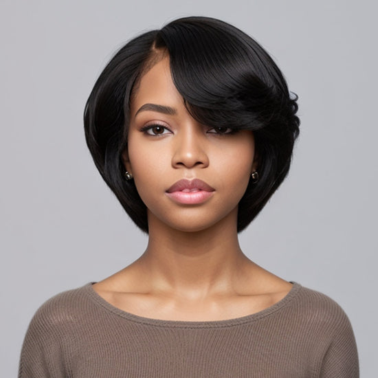 Load image into Gallery viewer, 13x4 Lace Front Wig Pixie Cut Short Black Side Part Bob Wig with Bangs 100% Human Hair
