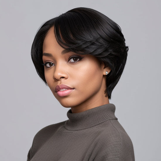 Load image into Gallery viewer, 13x4 Lace Front Wig Pixie Cut Short Black Side Part Bob Wig with Bangs 100% Human Hair
