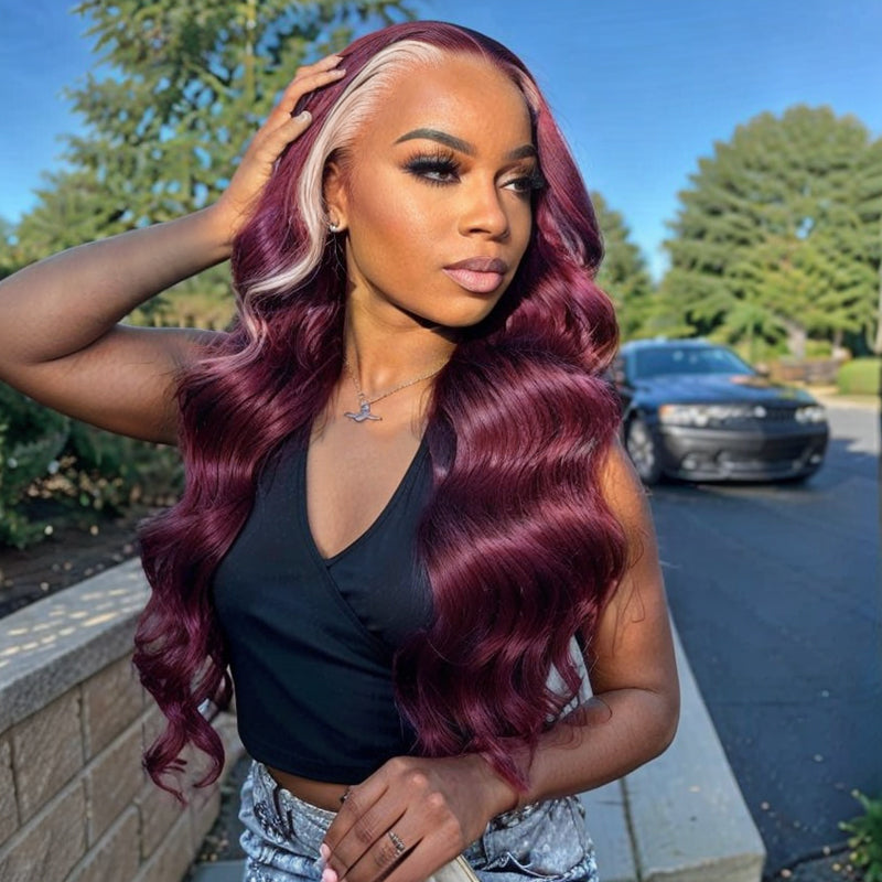 Load image into Gallery viewer, 13x4 Lace Frontal Skunk Stripe Wig #613/99J Burgundy Color Highlight Body Wave Wig
