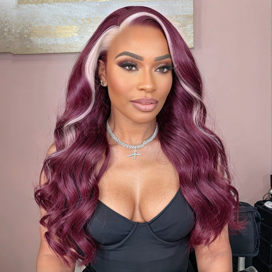 Load image into Gallery viewer, 13x4 Lace Frontal Skunk Stripe Wig #613/99J Burgundy Color Highlight Body Wave Wig
