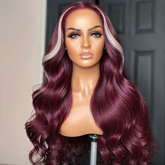 13x4 Lace Frontal Skunk Stripe Wig #613/99J Burgundy Color Highlight Body Wave Wig