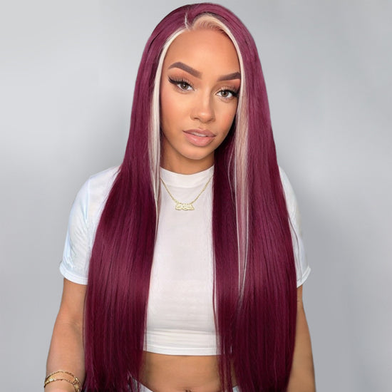 13x4 Lace Frontal Skunk Stripe Wig #613/99J Burgundy Color Highlight Straight Wigs