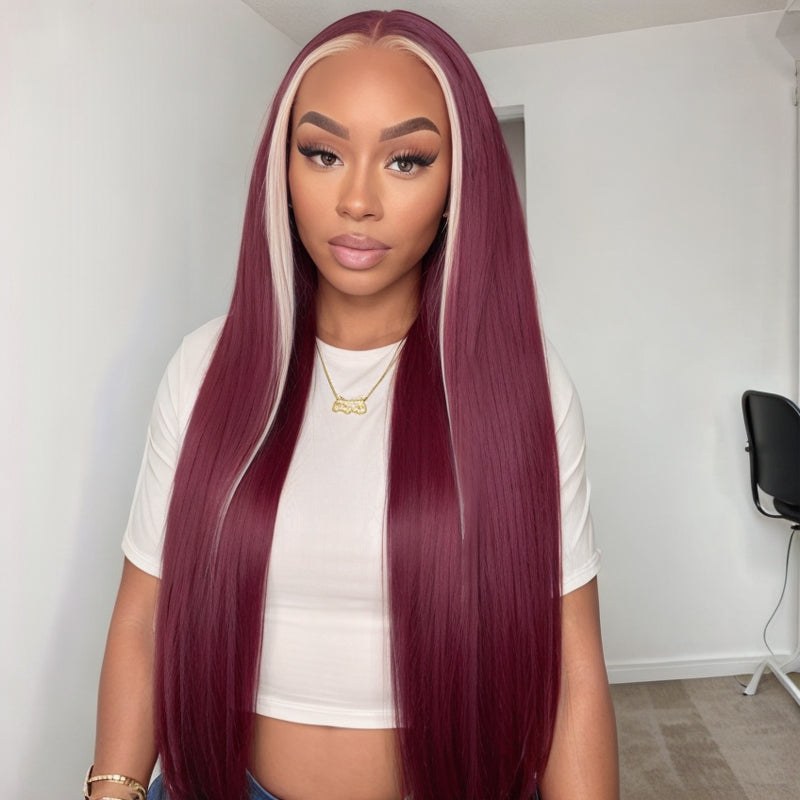 13x4 Lace Frontal Skunk Stripe Wig #613/99J Burgundy Color Highlight Straight Wigs