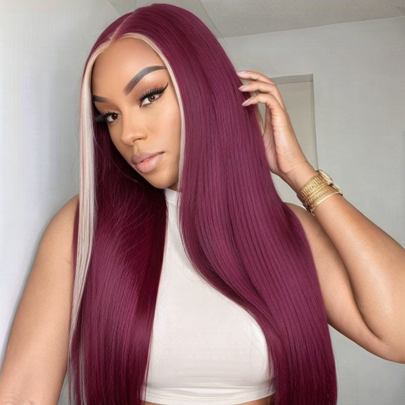 13x4 Lace Frontal Skunk Stripe Wig #613/99J Burgundy Color Highlight Straight Wigs