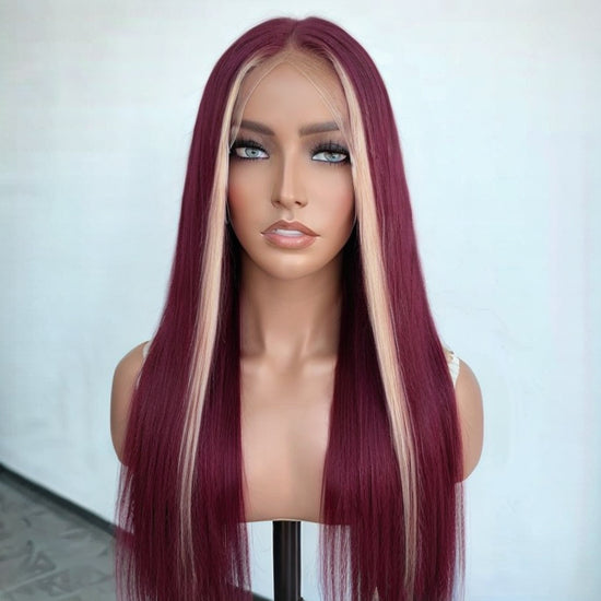 13x4 Lace Frontal Skunk Stripe Wig #613/99J Burgundy Color Highlight Straight Wigs