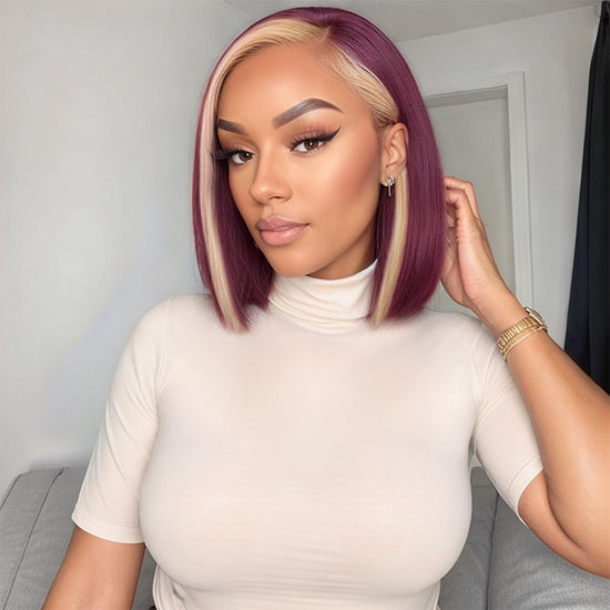 13x4 Lace Frontal Wig #613/99J Burgundy Color Highlight Short Straight Wigs