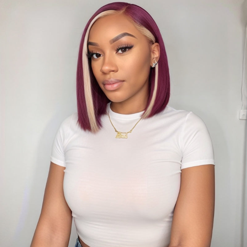 13x4 Lace Frontal Wig #613/99J Burgundy Color Highlight Short Straight Wigs