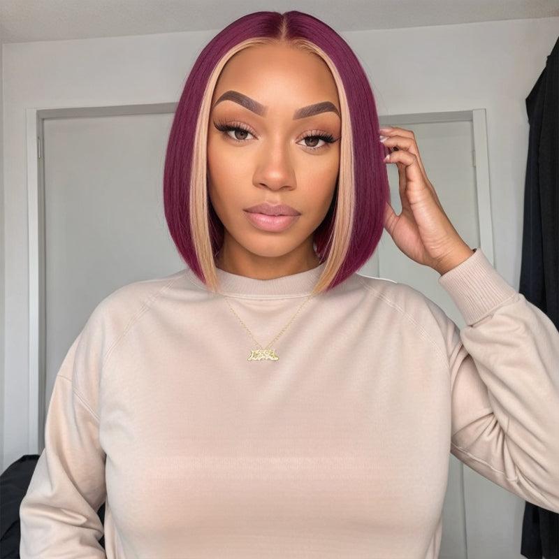 13x4 Lace Frontal Wig #613/99J Burgundy Color Highlight Short Straight Wigs