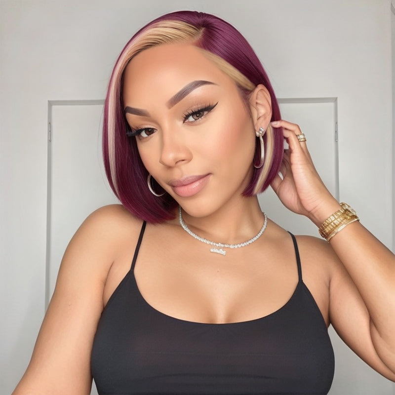 13x4 Lace Frontal Wig #613/99J Burgundy Color Highlight Short Straight Wigs