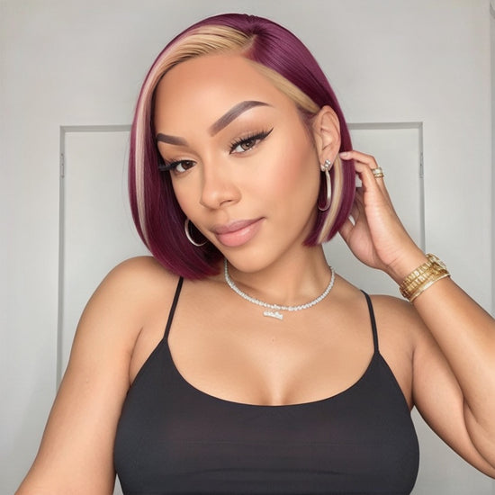 13x4 Lace Frontal Wig #613/99J Burgundy Color Highlight Short Straight Wigs