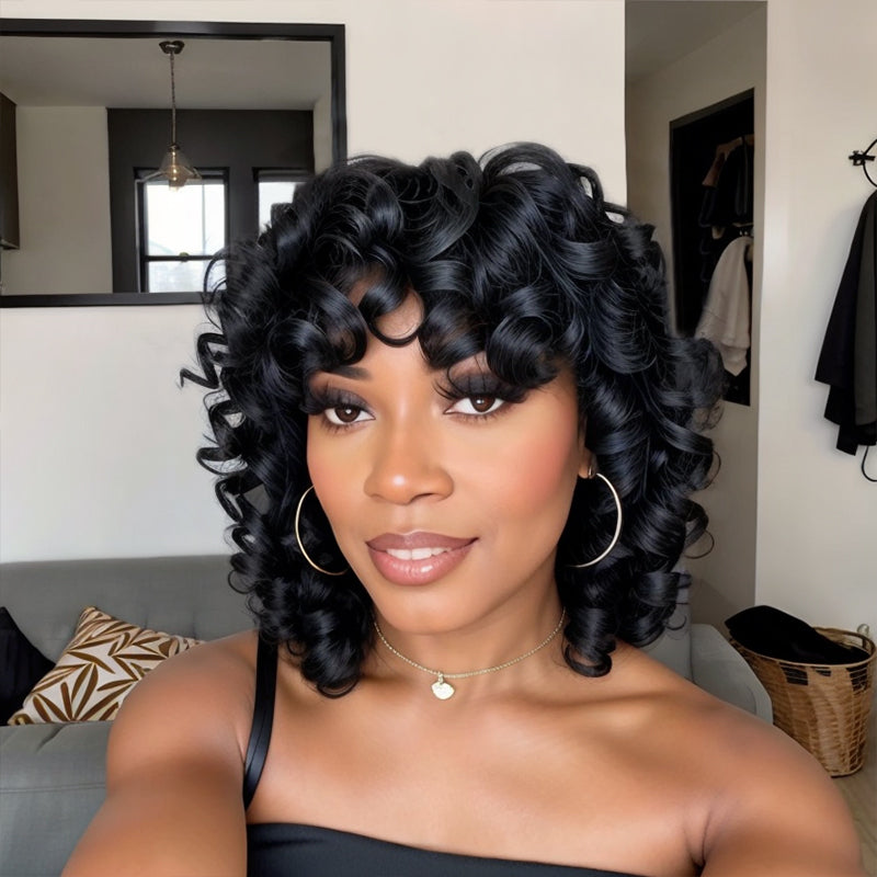 Trendy Limited Design  LinktoHair Natural Black Glueless Mullet Wig With Bangs Human Hair Wigs