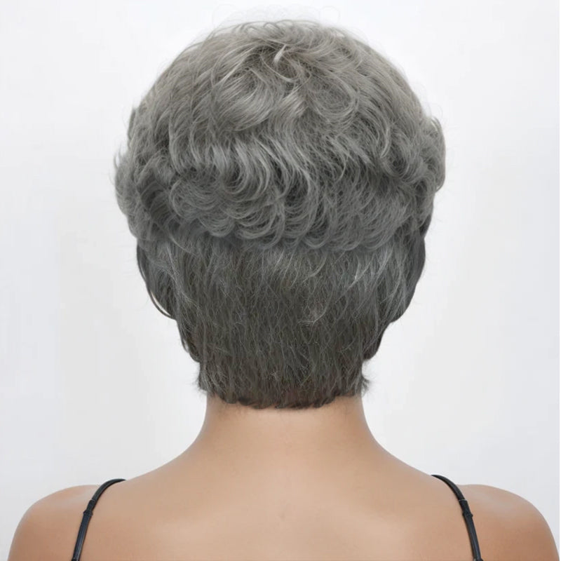 Whole Head Salt And Pepper Short Pixie Cut Glueless Human Hair Wig With Bangs