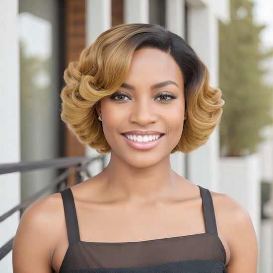 1B 27# Ombre Black to Brown Dark Root Side Part Loose Wave 5x5 Glueless Lace Short Wigs