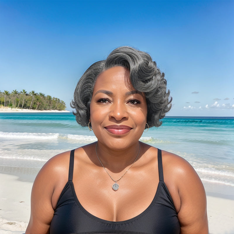 Salt And Pepper Short Wavy 5x5 Closure Lace Side Part Bob Glueless Human Hair