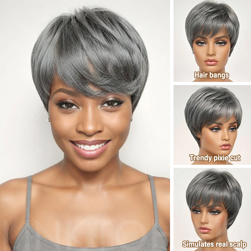 LinktoHair Short Salt And Pepper Human Hair Pixie Cut Wig