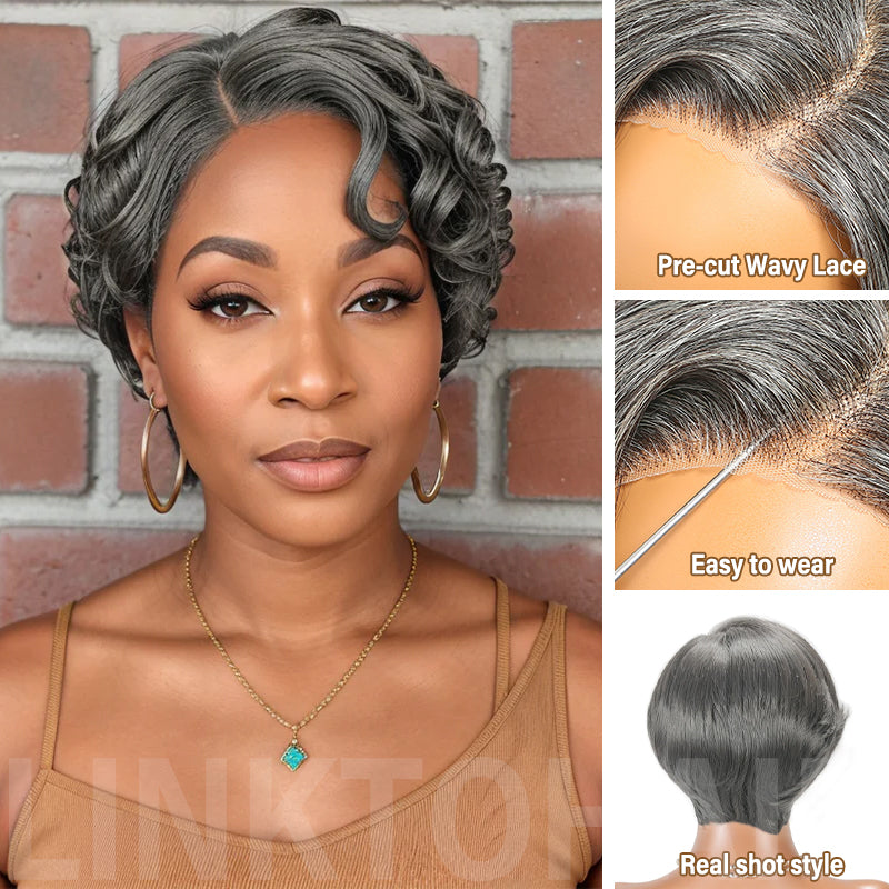 Salt And Pepper Short Pixie Cut Glueless 5x5 Closure Lace Side Part Bob Wavy Human Hair Wigs