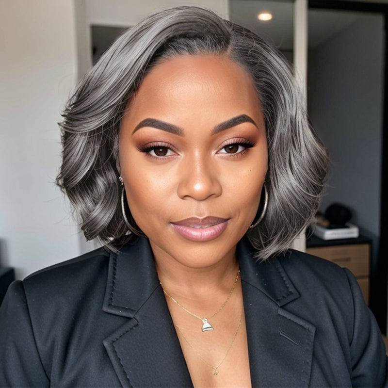 LinktoHair Salt And Pepper Glueless 5x5 Closure Lace Wig Side Part Bob Style 100% Human Hair
