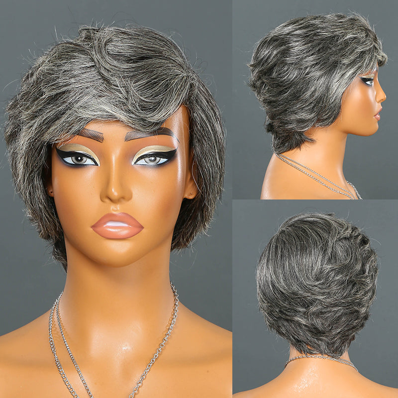 Salt And Pepper Layered Cut Grey Wigs Glueless Bob 100% Virgin Human Hair