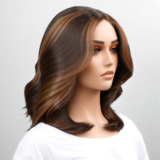 Load image into Gallery viewer, Wear &amp;amp; Go | Brown With Blonde Highlight Glueless Bob Wavy Wig 5x5 Closure Lace Human Hair
