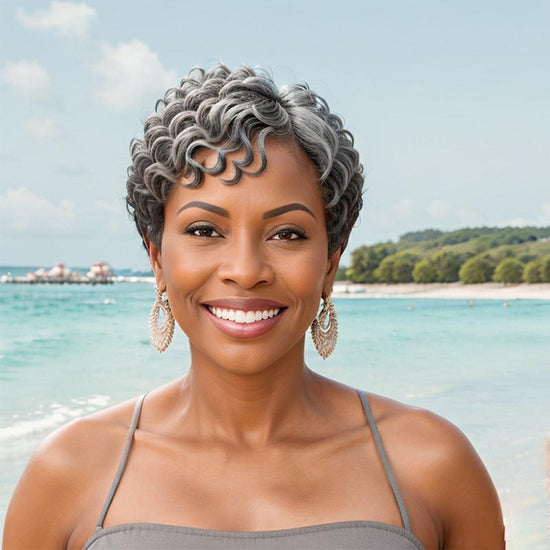 Salt And Pepper Half Black Of Back Edgy Pixie Cuts Wig With Natural Wave Bangs Glueless Human Hair Wigs