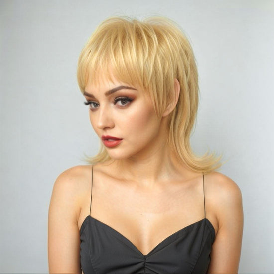 Load image into Gallery viewer, LinktoHair Short Blonde #613 Wig Shaggy Layered 80s Mullet Wig Pixie Cut Wig With Bangs Curly 100% Human Hair
