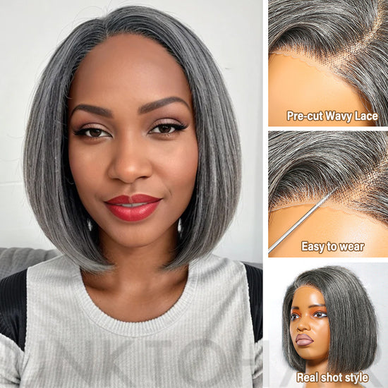 Trendy Color Salt & Pepper | Side Part Straight Bob Glueless 5x5 Closure Lace Wig 100% Human Hair