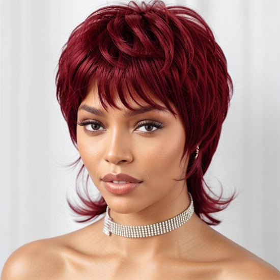 LinktoHair Short Burgundy 99J  Hair Shaggy Layered 80s Mullet Wig Pixie Cut Wig With Bangs Curly 100% Human Hair